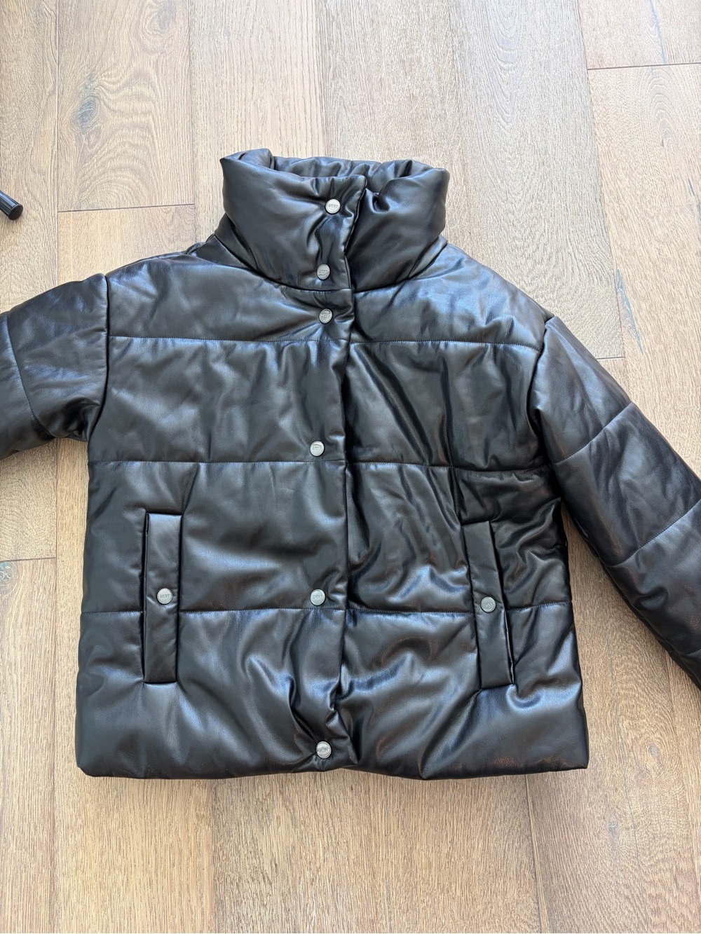 DKNY Black Quilted Faux-Leather Puffer Coat